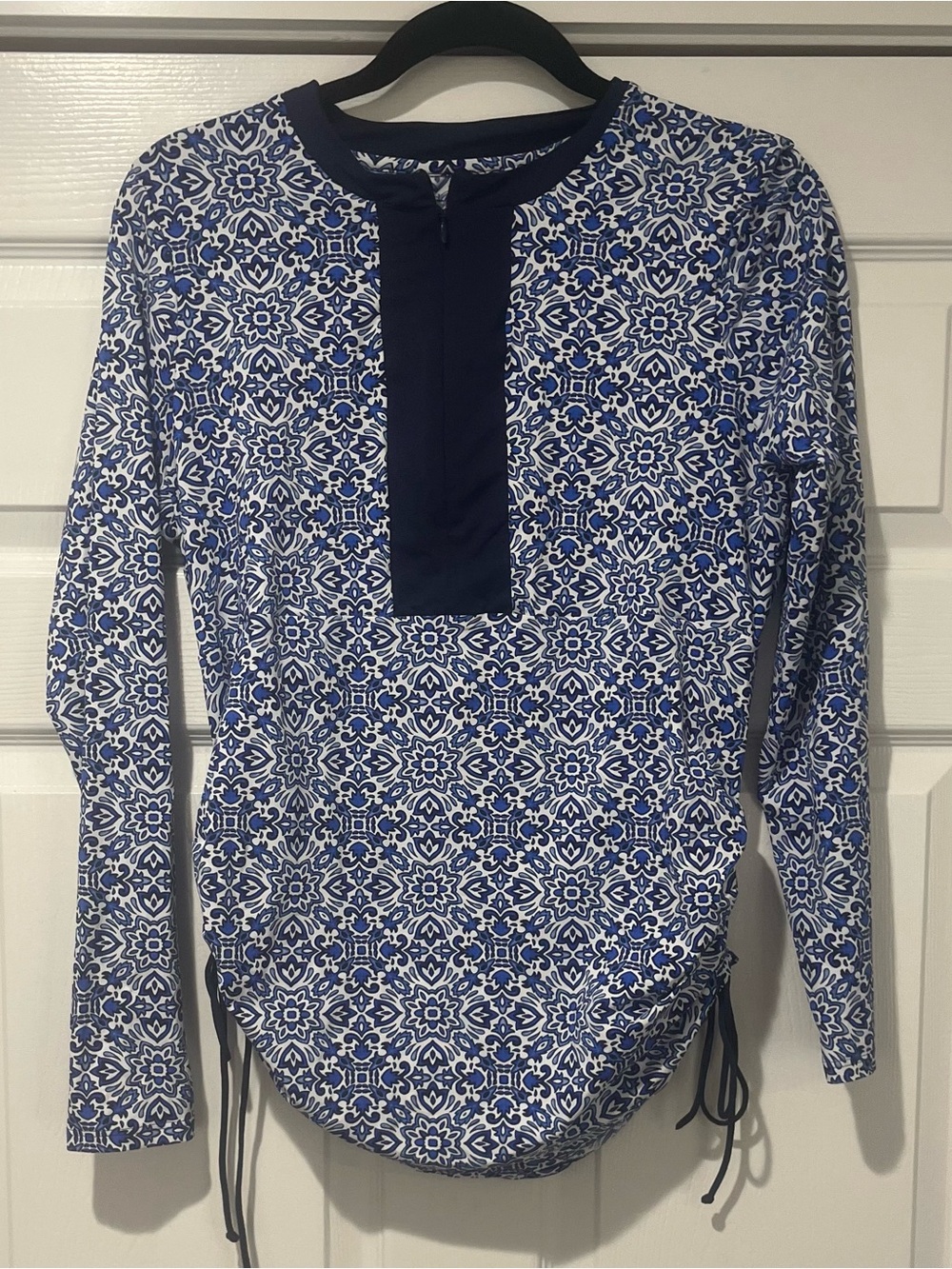 Lands' End Navy and White Geometric Long Sleeve Coverup Top